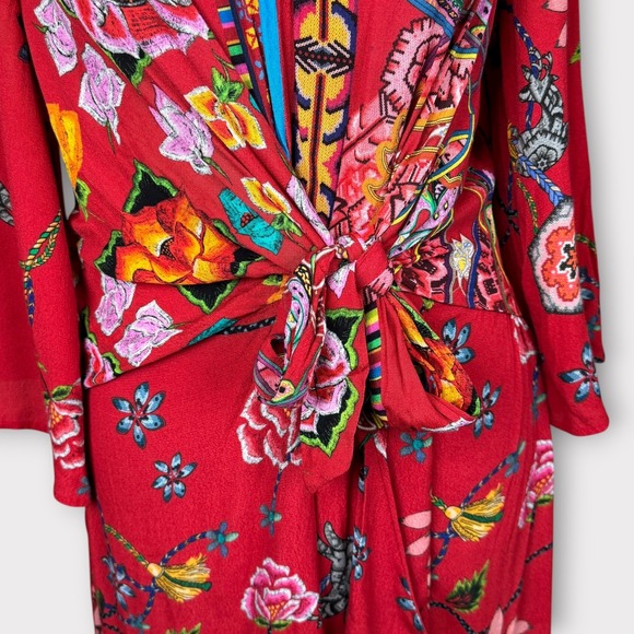 Desigual Red Floral Print Tie Front Dress Knee Length Long Sleeve Size 42 US 8 M - Picture 10 of 15
